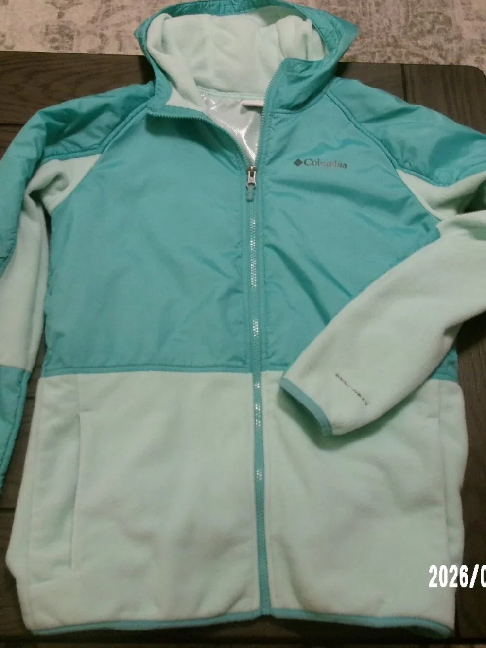 Columbia Jacket Youth XL 18 Mint Green Fleece Full Zip Front Hooded Cold Gear EX